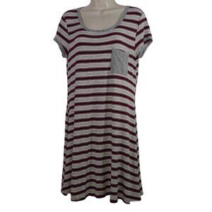 Ultra Flirt Stripe Burgundy Gray Short Sleeve Pocket T-shirt Dress Women Size XL